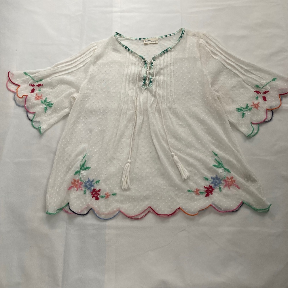 Rocks & Indigo Boho Peasant Blouse XL White Embroidered Scalloped